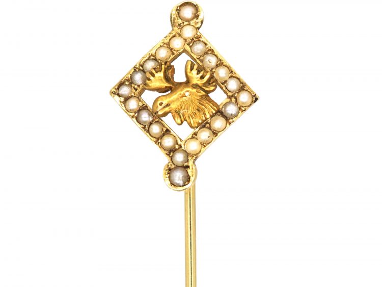 Early 20th Century 14ct Gold & Natural Split Pearl Tie Pin of a Moose Head