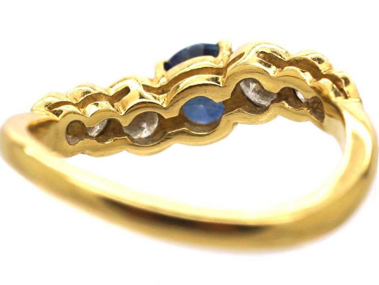 Modernist 18ct Gold Curved Ring set with a Sapphire & Diamonds