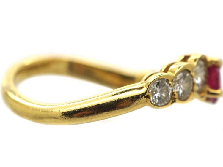 Modernist 18ct Gold Curved Ring set with a Ruby & Diamonds