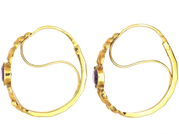Early 19th Century French 18ct Gold Poissarde Earrings set with Amethyst Paste