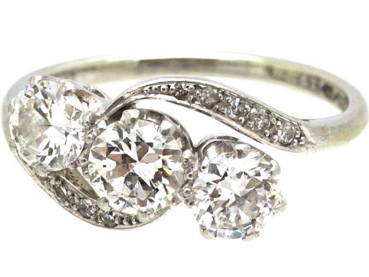 Edwardian 18ct White Gold & Platinum, Three Stone Diamond Crossover Ring