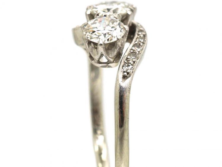 Edwardian 18ct White Gold & Platinum, Three Stone Diamond Crossover Ring