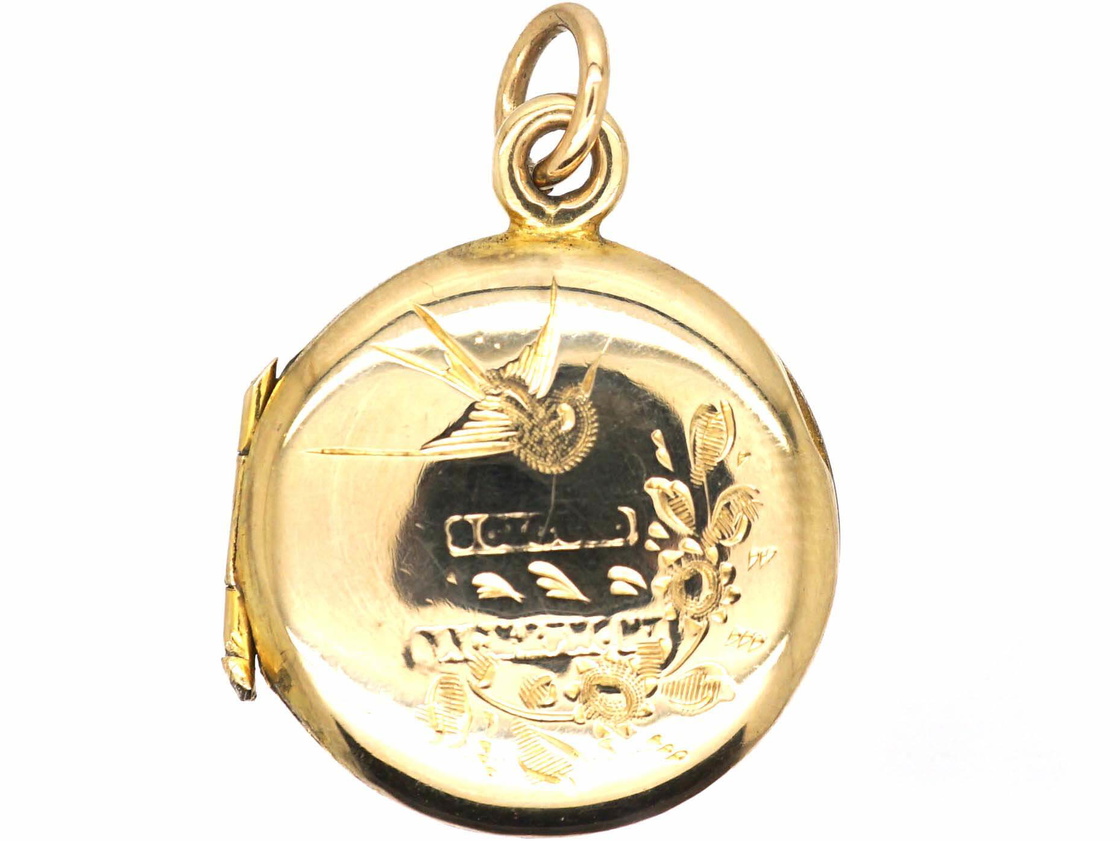Edwardian 9ct Gold Back & Front Round Locket with Swallow Motif (143U ...