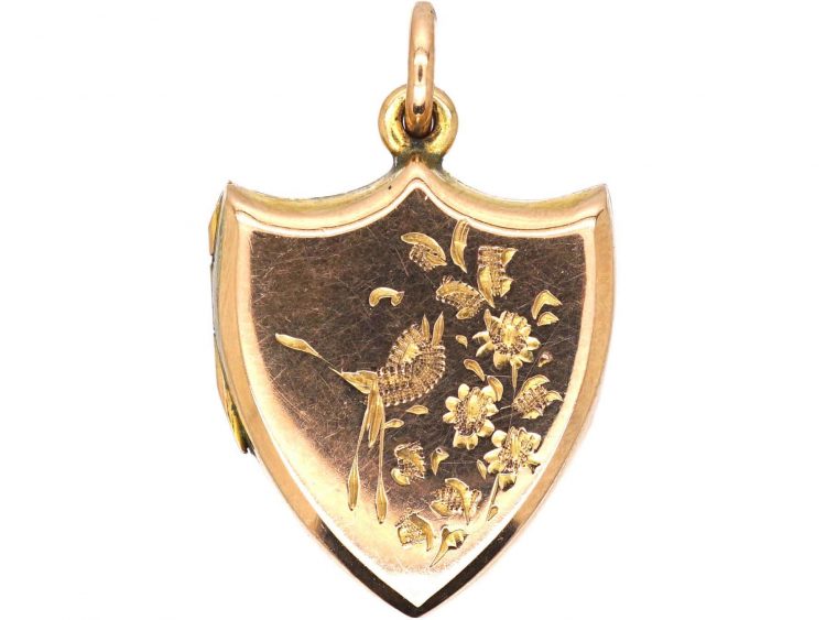 Edwardian 9ct Back & Front Shield Shaped Locket with Swallow Motif