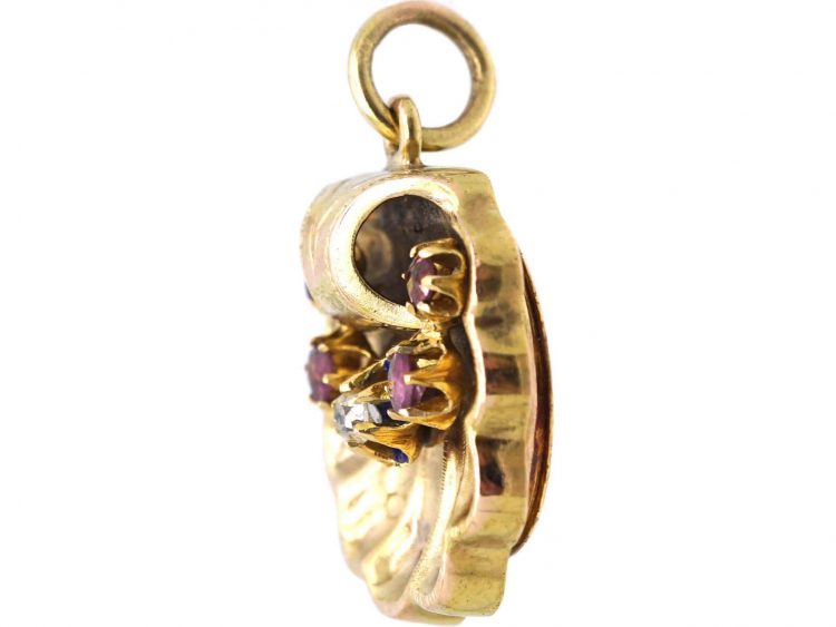 Victorian 15ct Gold & Enamel Shell Pendant set with a Diamond & Rubies