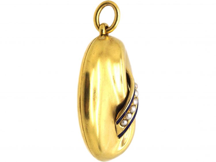 Victorian 18ct Gold Wave Locket with Natural Split Pearl & Blue Enamel Motif