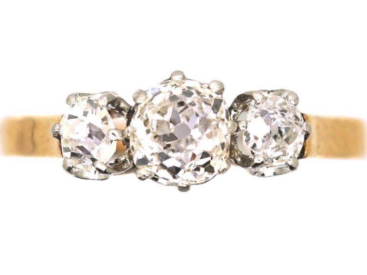 Late 19th Century 18ct Gold, Old Mine Cut Three Stone Diamond Ring