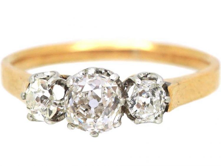 Late 19th Century 18ct Gold, Old Mine Cut Three Stone Diamond Ring