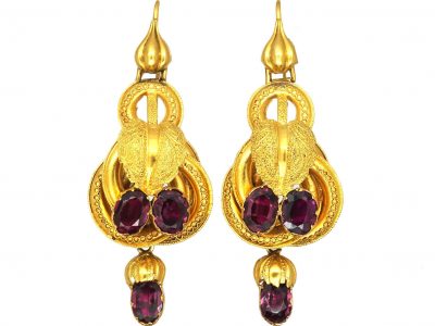 Victorian 15ct Gold Drop Earrings set with Almandine Garnets in Original Case