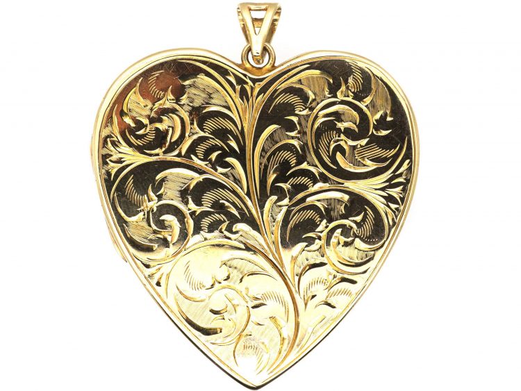 Large 9ct Gold Heart Shaped Locket with Engraved Foliate Detail
