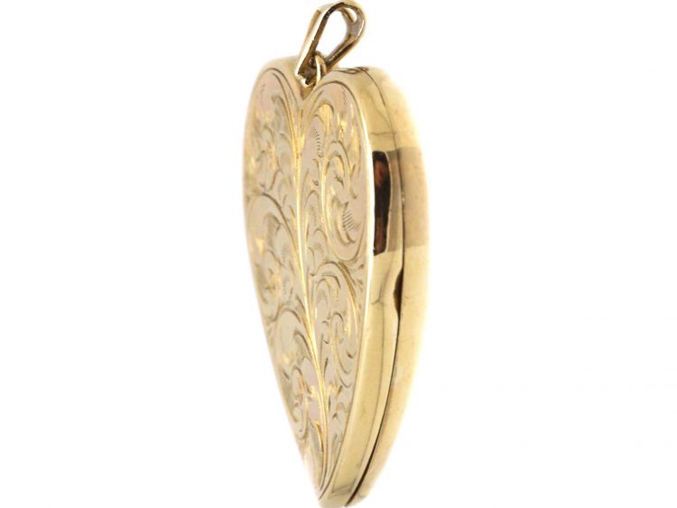 Large 9ct Gold Heart Shaped Locket with Engraved Foliate Detail
