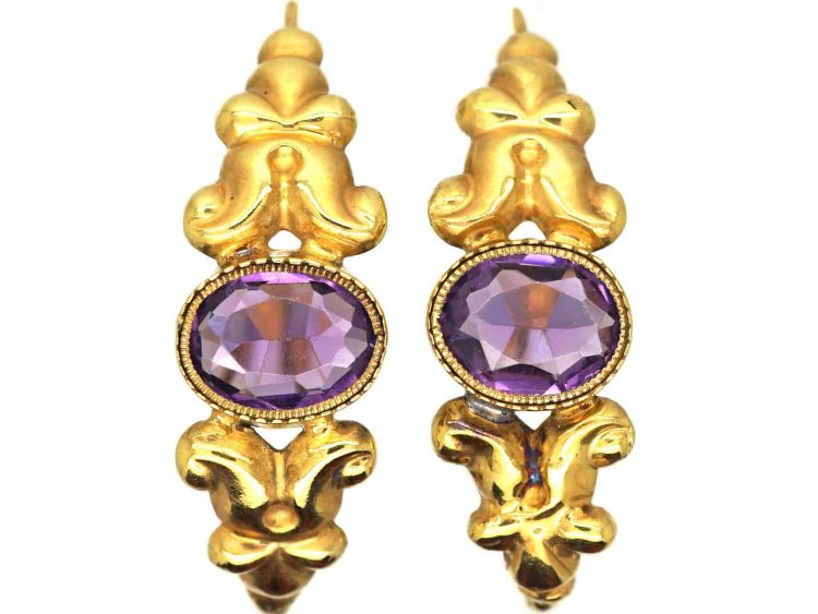 Early 19th Century French 18ct Gold Poissarde Earrings set with Amethyst Paste
