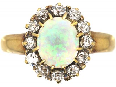 Edwardian 18ct Gold, Opal & Diamond Cluster Ring