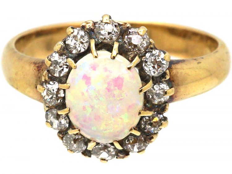 Edwardian 18ct Gold, Opal & Diamond Cluster Ring