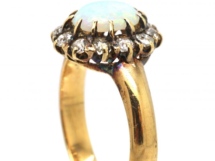 Edwardian 18ct Gold, Opal & Diamond Cluster Ring