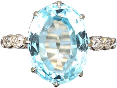 Art Deco 18ct White Gold, Aquamarine Ring with Diamond Set Shoulders