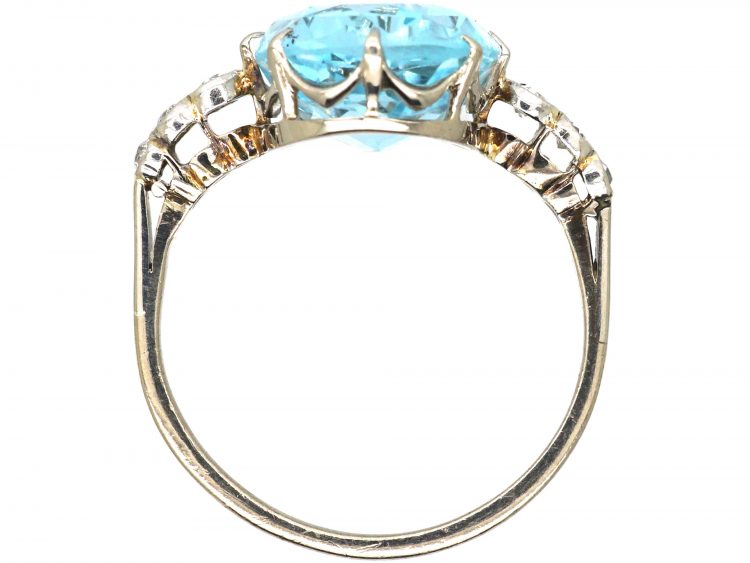 Art Deco 18ct White Gold, Aquamarine Ring with Diamond Set Shoulders