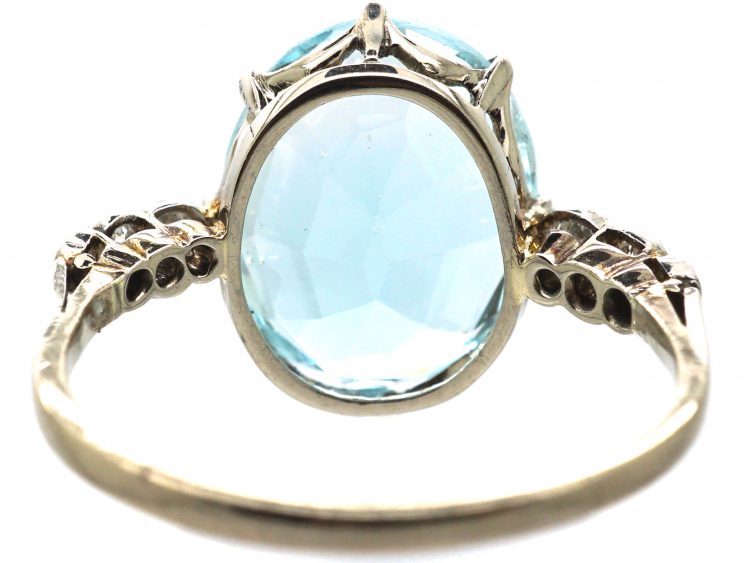 Art Deco 18ct White Gold, Aquamarine Ring with Diamond Set Shoulders