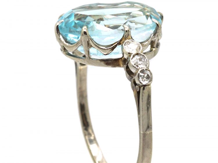 Art Deco 18ct White Gold, Aquamarine Ring with Diamond Set Shoulders