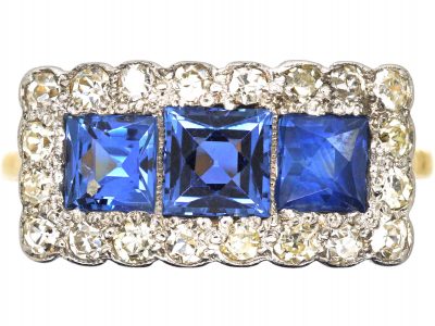 Art Deco 18ct & Platinum, Three Stone French Cut Sapphire & Diamond Ring