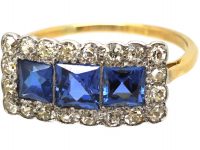 Art Deco 18ct & Platinum, Three Stone French Cut Sapphire & Diamond Ring