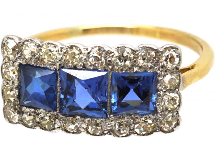 Art Deco 18ct & Platinum, Three Stone French Cut Sapphire & Diamond Ring