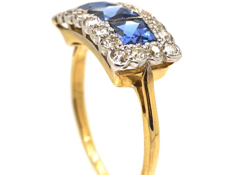 Art Deco 18ct & Platinum, Three Stone French Cut Sapphire & Diamond Ring