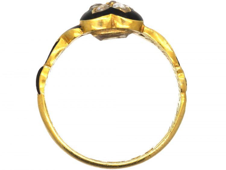 Victorian 18ct Gold & Black Enamel Ring with a Diamond Set Forget Me Not Flower