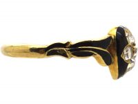 Victorian 18ct Gold & Black Enamel Ring with a Diamond Set Forget Me Not Flower
