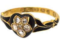 Victorian 18ct Gold & Black Enamel Ring with a Diamond Set Forget Me Not Flower