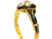 Victorian 18ct Gold & Black Enamel Ring with a Diamond Set Forget Me Not Flower