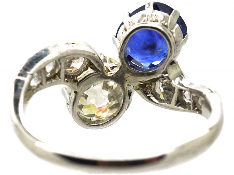 Early 20th Century Unheated Ceylon Sapphire & Diamond Crossover Ring with Diamond Set Shoulders