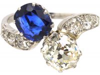 Early 20th Century Unheated Ceylon Sapphire & Diamond Crossover Ring with Diamond Set Shoulders