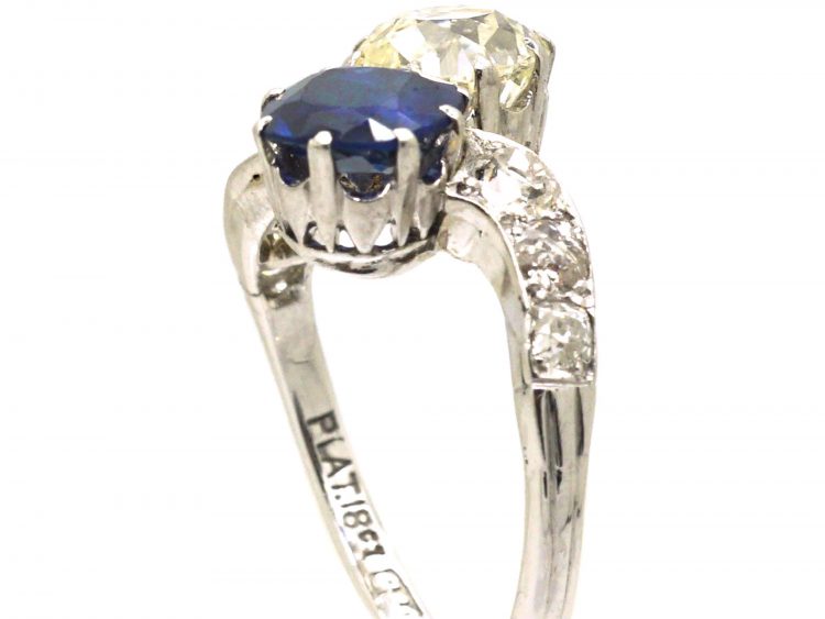 Early 20th Century Unheated Ceylon Sapphire & Diamond Crossover Ring with Diamond Set Shoulders