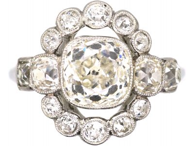 French Art Deco Platinum & Diamond Cluster Ring with a Large Centre Diamond
