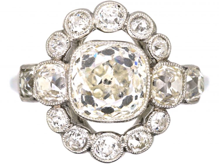 French Art Deco Platinum & Diamond Cluster Ring with a Large Centre Diamond