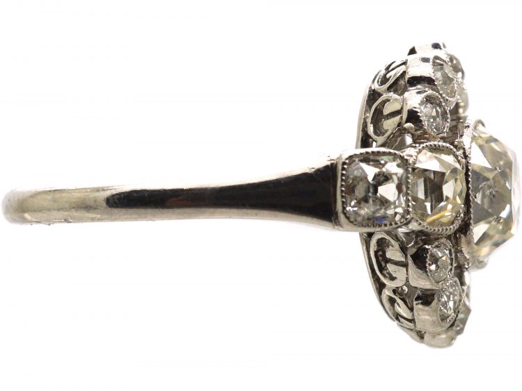 French Art Deco Platinum & Diamond Cluster Ring with a Large Centre Diamond