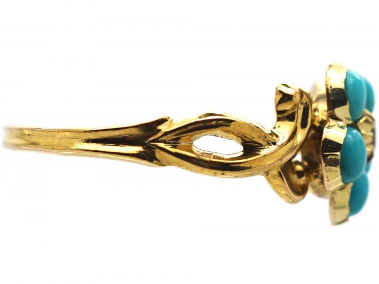 Early 19th Century 15ct Gold & Turquoise Forget Me Not Flower Ring with a Ruby in the Centre