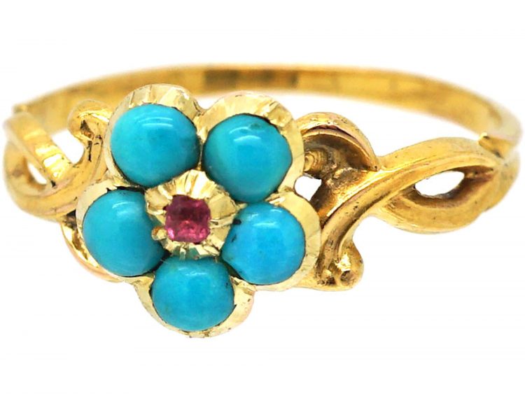 Early 19th Century 15ct Gold & Turquoise Forget Me Not Flower Ring with a Ruby in the Centre