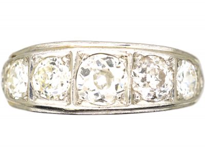 Art Deco Platinum, Five Stone Diamond Ring with Engraved Sides
