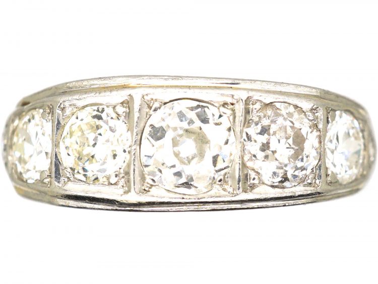 Art Deco Platinum, Five Stone Diamond Ring with Engraved Sides