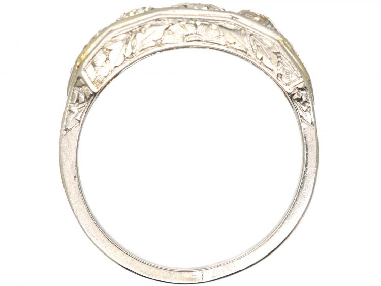 Art Deco Platinum, Five Stone Diamond Ring with Engraved Sides
