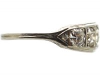 Art Deco Platinum, Five Stone Diamond Ring with Engraved Sides