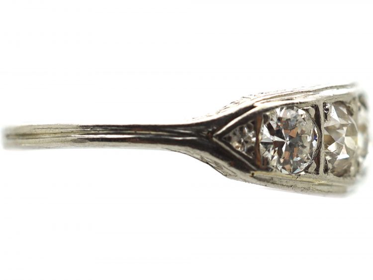 Art Deco Platinum, Five Stone Diamond Ring with Engraved Sides