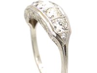 Art Deco Platinum, Five Stone Diamond Ring with Engraved Sides