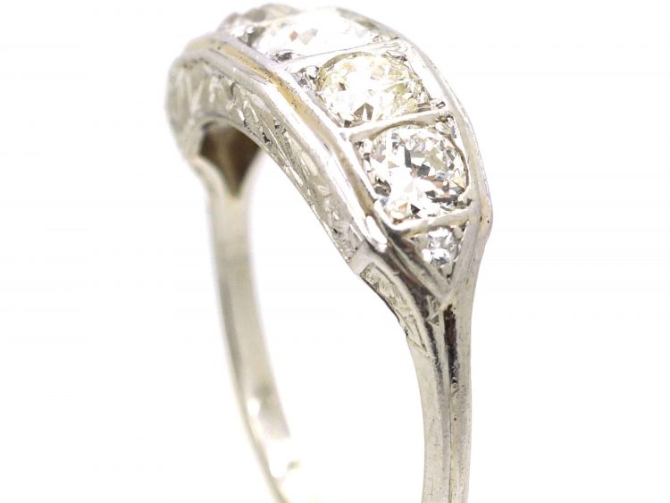 Art Deco Platinum, Five Stone Diamond Ring with Engraved Sides
