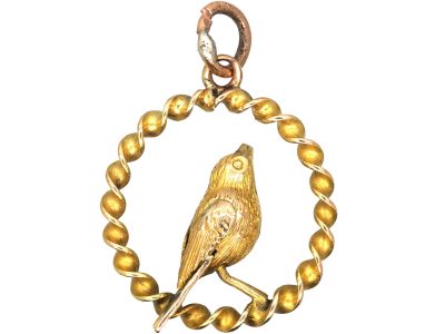 Edwardian Small 9ct Gold Pendant of a Bird Within a Circle