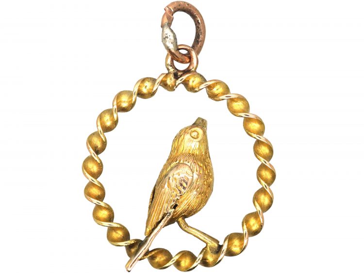 Edwardian Small 9ct Gold Pendant of a Bird Within a Circle