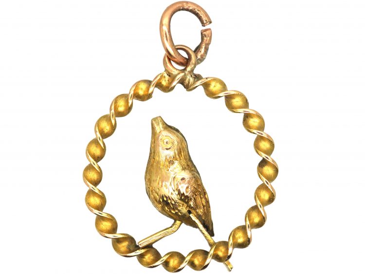 Edwardian Small 9ct Gold Pendant of a Bird Within a Circle
