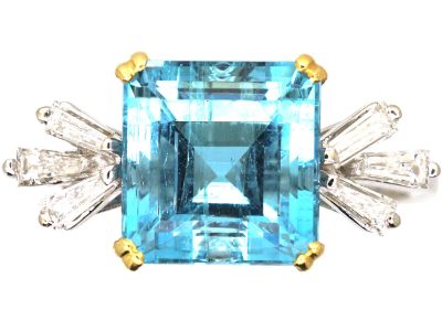 18ct White Gold Square Cut Aquamarine & Diamond Baguette Ring